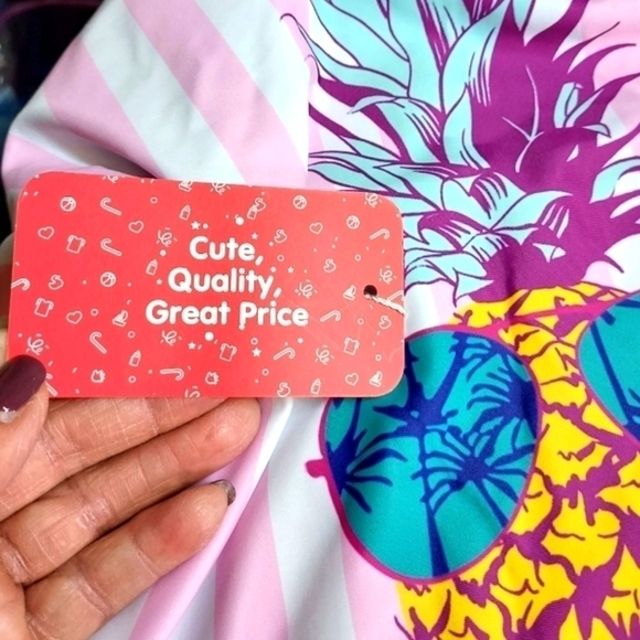 PatPat NWT L Pink and White stripe with Pineapple head and sunglasses 1 piece - Picture 3 of 16